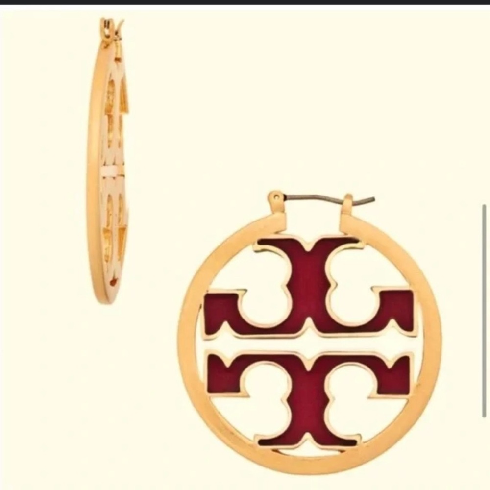 Tory Burch Gold and Red Miller T Logo Hoop Earrings